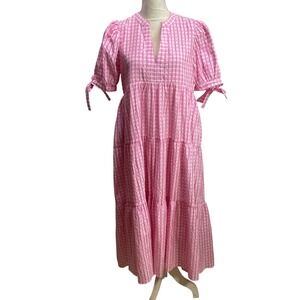 English Factory Pink White Gingham Plaid Maxi Dress Tie Sleeve Tiered Size‎ M